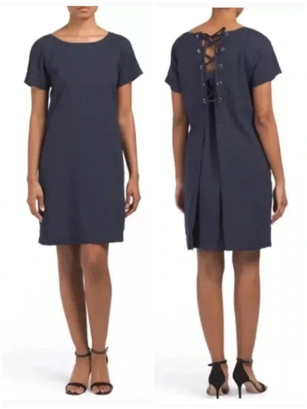 THEORY Keshelle Lace Back Raglan Dress Caliver Linen Crunch Wash Navy Blue Sz 8